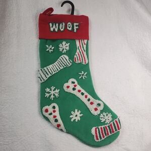 Woof Dog Bones Snow Flakes Green Christmas Stocking 19"